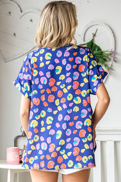 Blue Multi Printed V-Neck Short Sleeve Blouse