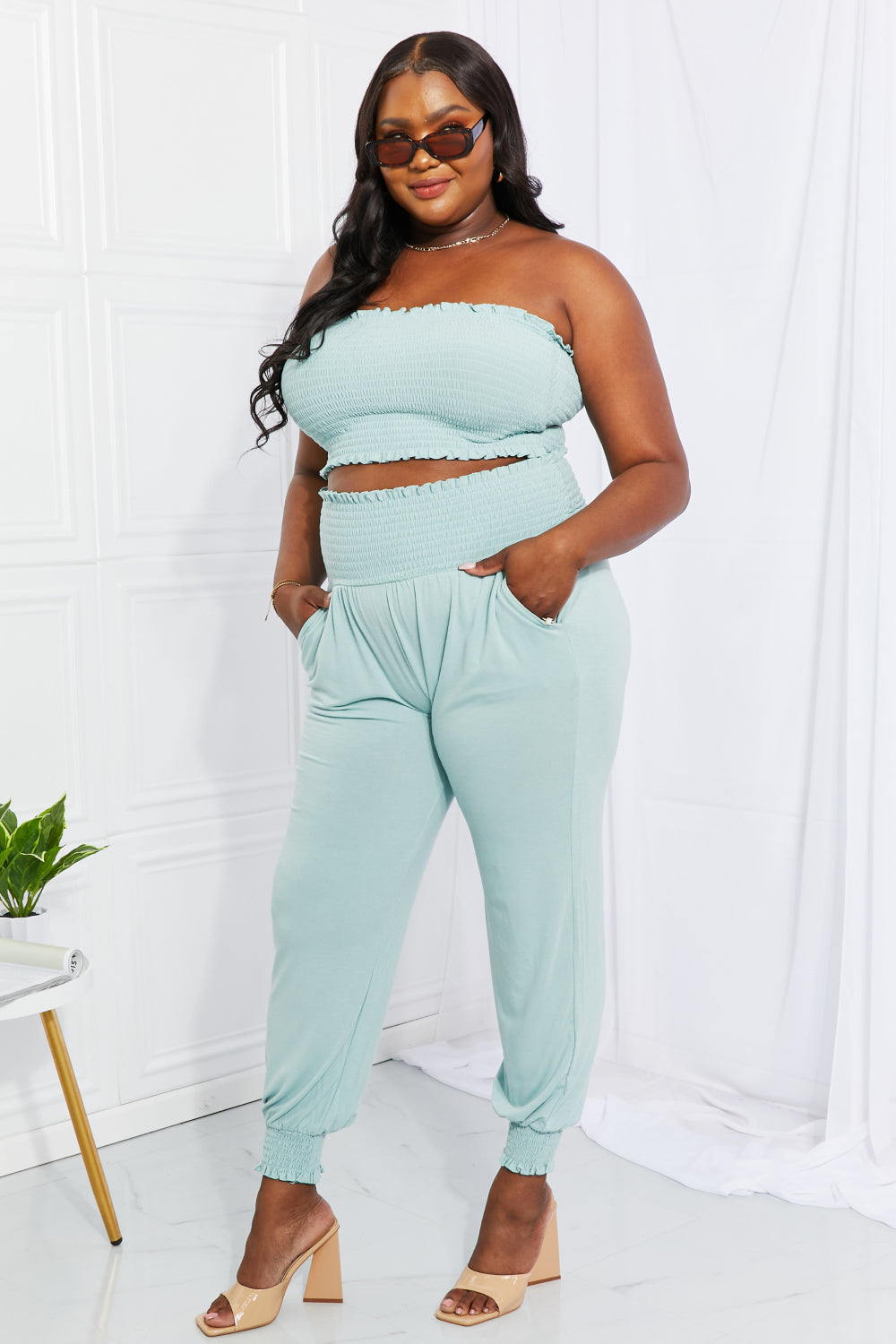 Stylish Comfort Smocked Tube Top & Joggers Set in Light Green