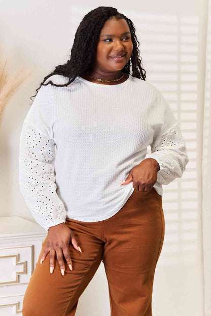 White Eyelet Dropped Shoulder Round Neck Blouse