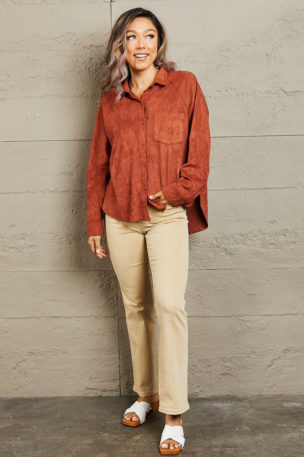 Impressive Vibe Suede Button Down Shirt in Ochre