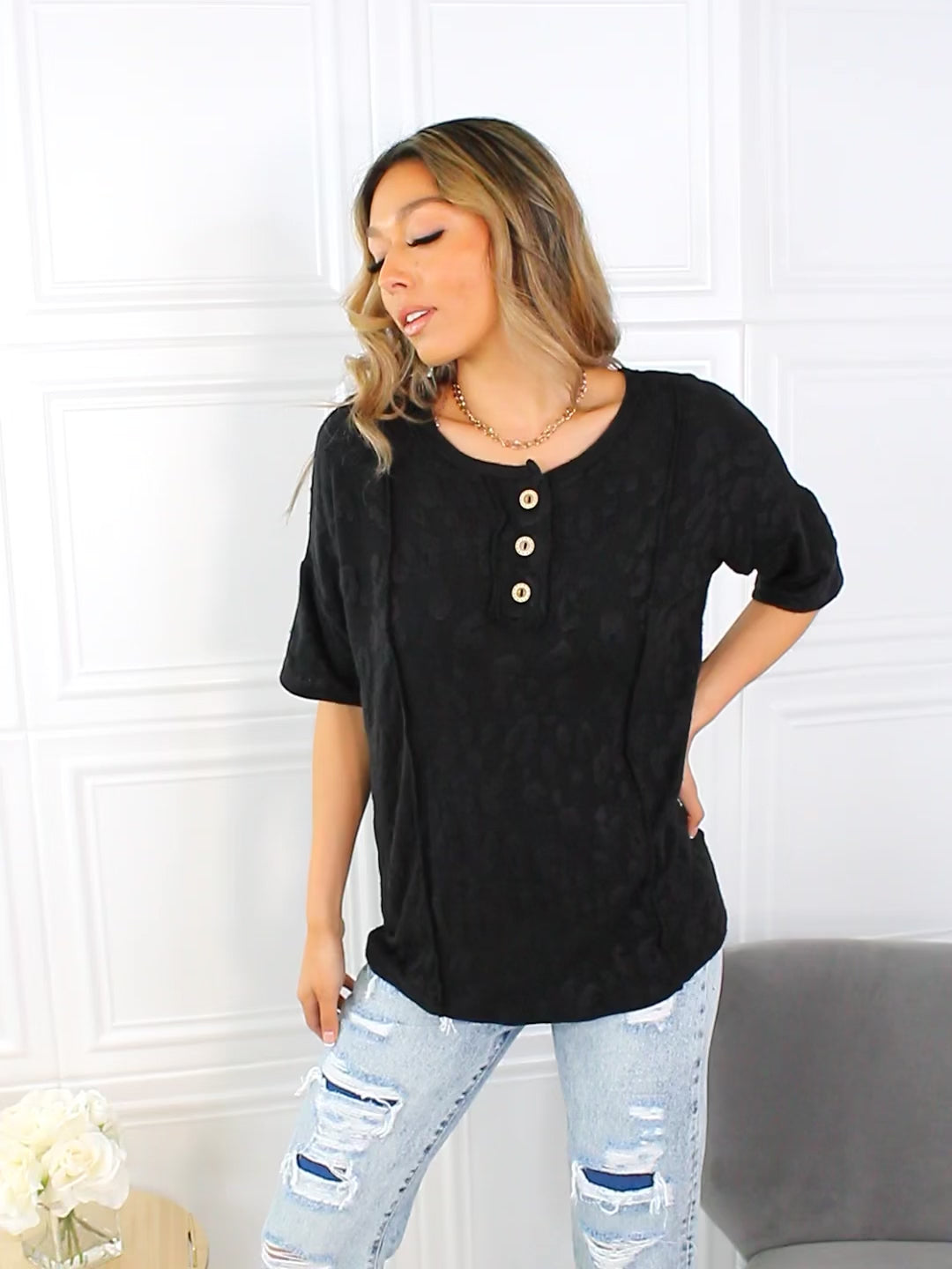 At The Fair Animal Textured Top in Black (MADE IN USA)