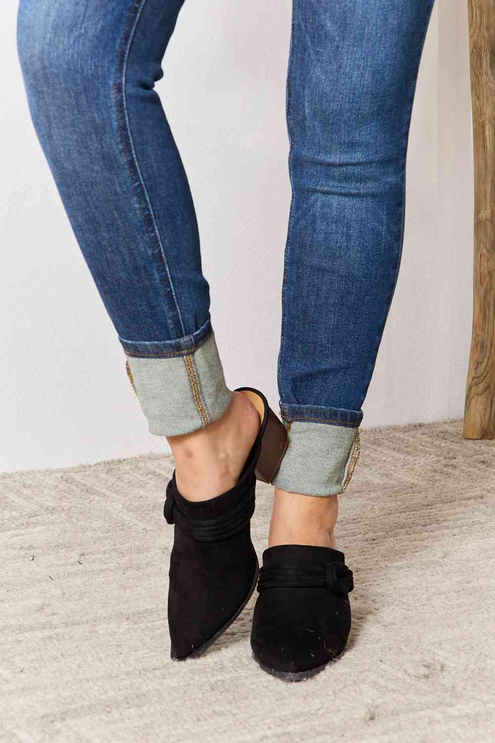 Black Pointed-Toe Braided Trim Mules