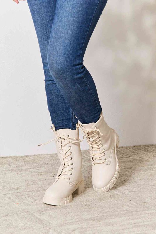 Stone Zip Back Lace-up Front Combat Boots