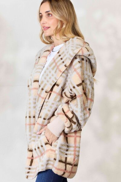 Cream Checked Faux Fur Hooded Jacket