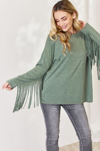 Olive Fringe Long Sleeve Top (MADE IN USA)