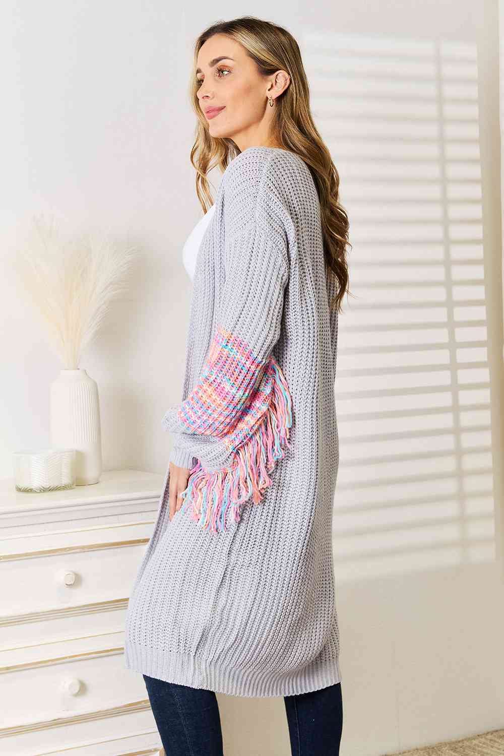 Fringe Sleeve Dropped Shoulder Cardigan in Cloudy Blue