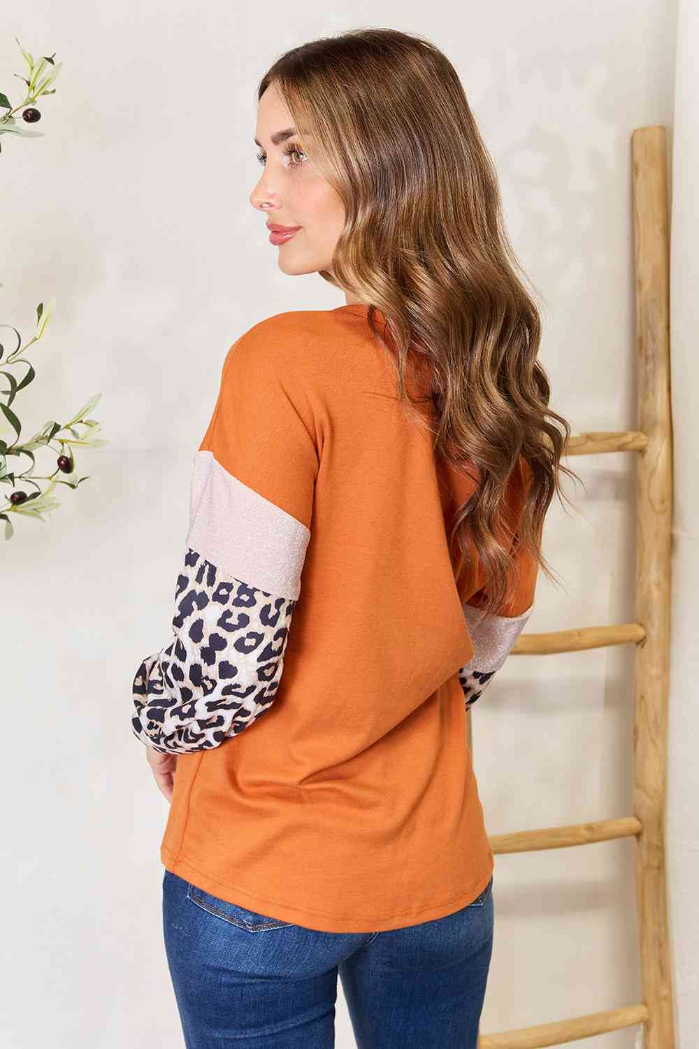 Pumpkin Leopard Long Sleeve Round Neck Top