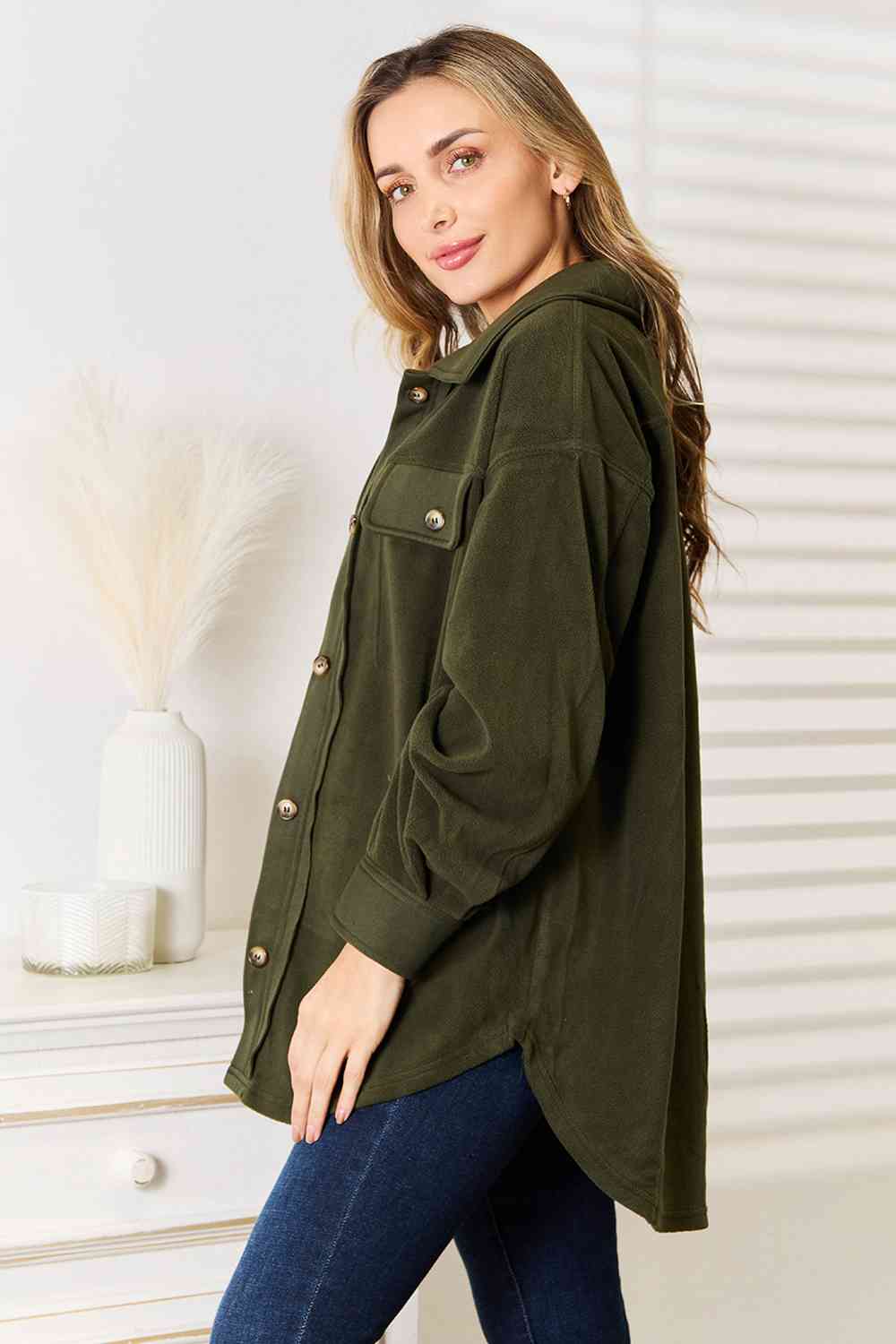 Cozy Girl Button Down Shacket in Army Green