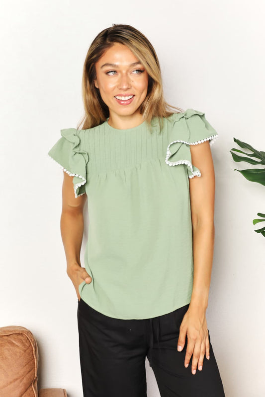 Pleated Detail Flutter Sleeve Blouse in Gum Leaf