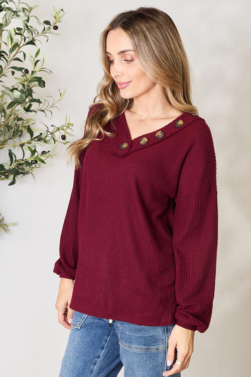 Dark Burgundy Buttoned V-Neck Long Sleeve Blouse