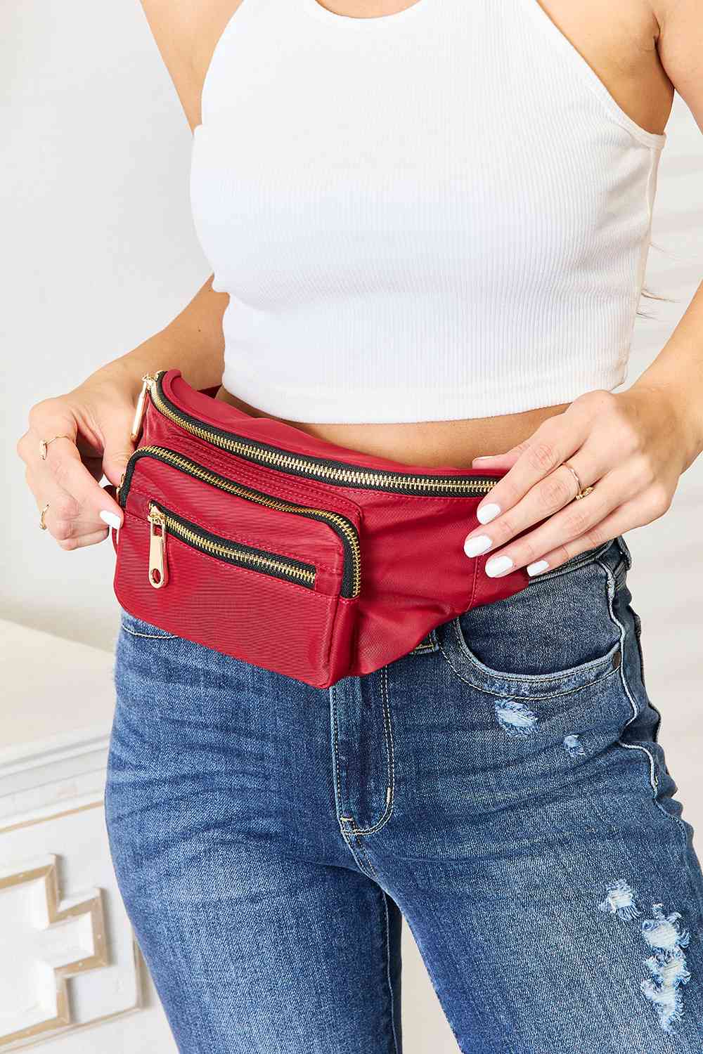 Deep Red Triple Pocket Nylon Fanny Pack