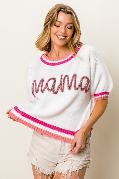 MAMA Contrast Trim Short Sleeve Sweater White/Fuchsia