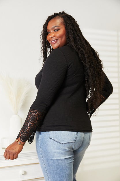 Crochet Lace Hem Sleeve Button Top in Black