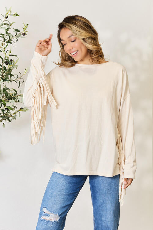 Fringe Detail Long Sleeve Top in Ivory (MADE IN USA)