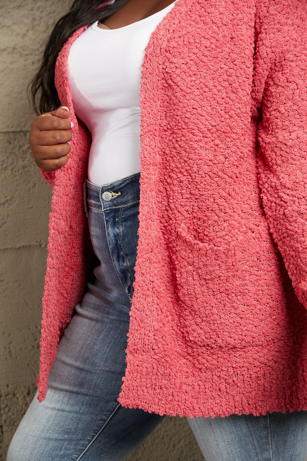 Falling For You Open Front Popcorn Cardigan in Strawberry