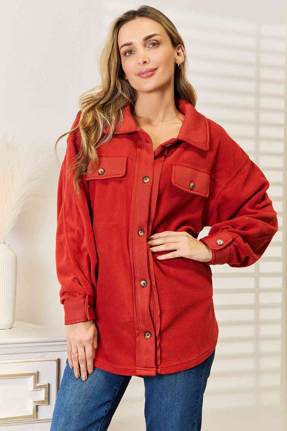 Cozy Girl Button Down Shacket in Rust