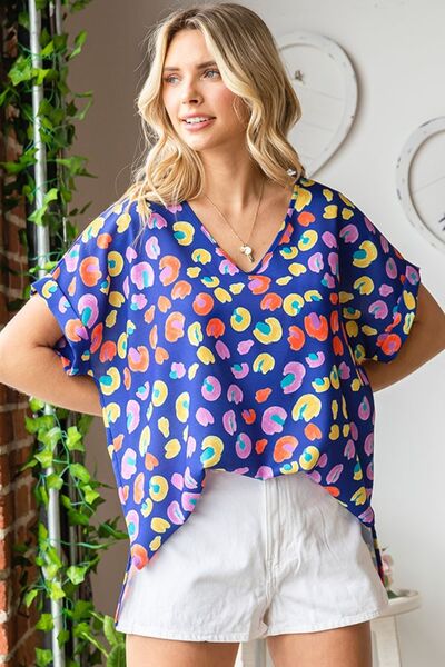 Blue Multi Printed V-Neck Short Sleeve Blouse