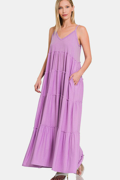 Frill Tiered V-Neck Maxi Cami Dress in Lavender