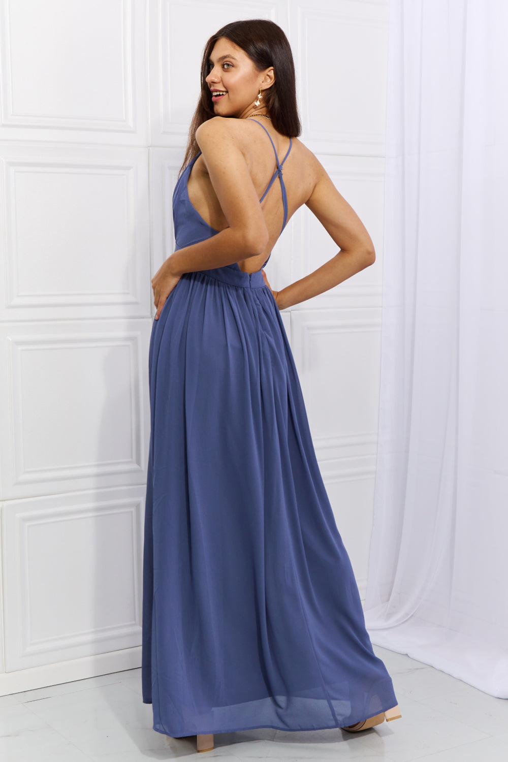 Captivating Muse Open Crossback Maxi Dress in Dusty Blue