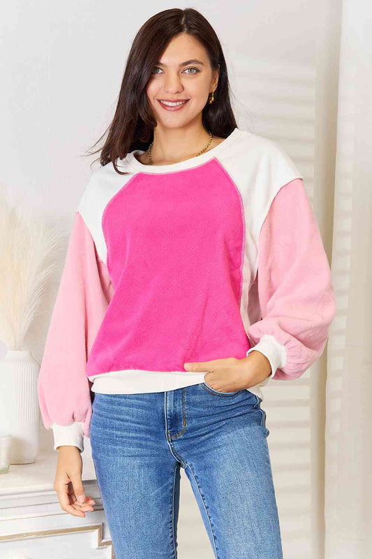 Hot Pink Color Block Dropped Shoulder Sweatshirt