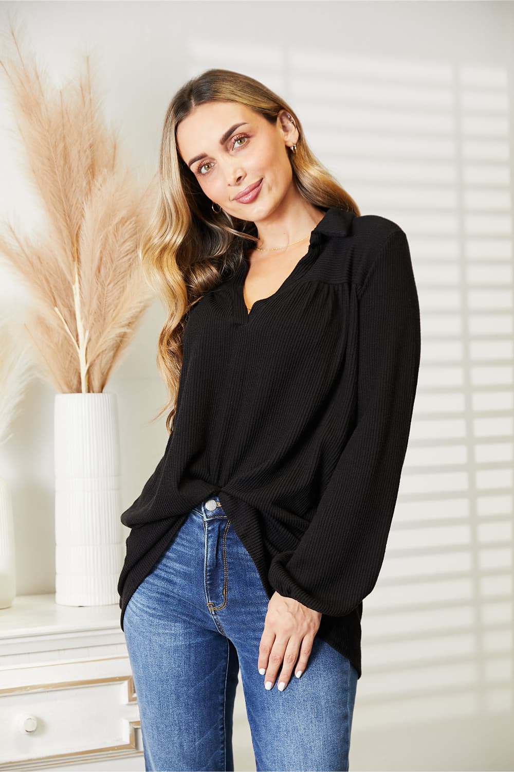 Long Sleeve Ribbed Blouse (MADE IN USA)