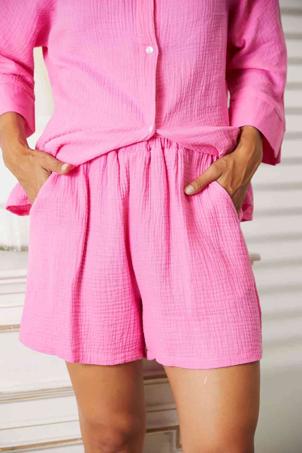 Fuchsia Pink Textured Shirt and Elastic Waist Shorts with Pockets