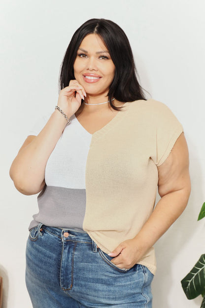 Color Block V-Neck Knit Top in Tan