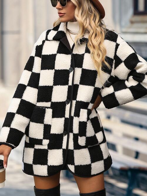 Black/White Checkered Button Front Coat with Pockets