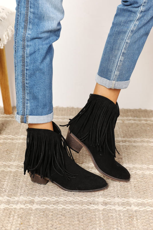 Women's Fringe Cowboy Western Ankle Boots in Black