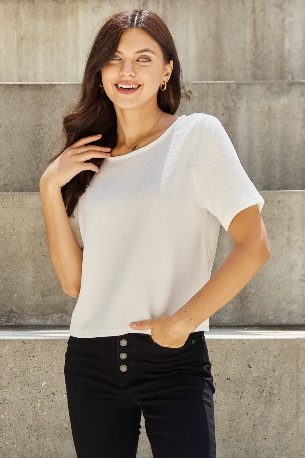Pearly White Criss Cross Pearl Detail Open Back T-Shirt