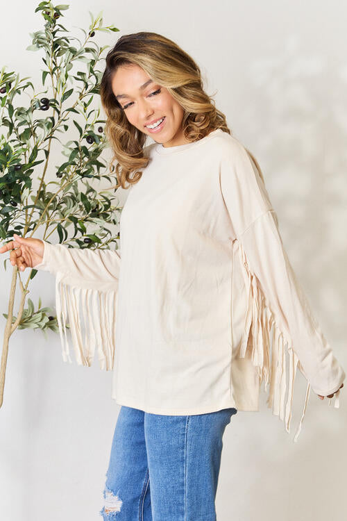 Fringe Detail Long Sleeve Top in Ivory (MADE IN USA)