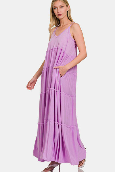 Frill Tiered V-Neck Maxi Cami Dress in Lavender