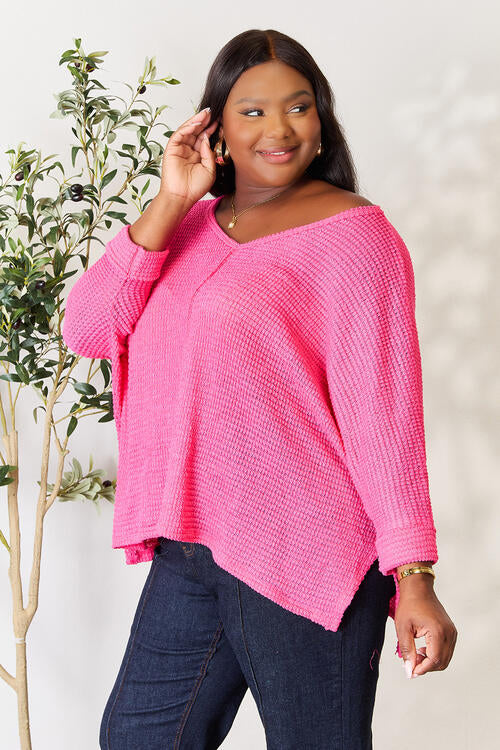 Fuchsia Round Neck High Low Slit Knit Top