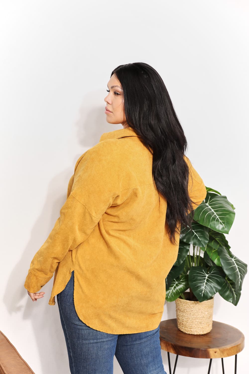 Oversized Corduroy  Button-Down Tunic Shirt with Bust Pocket in Mustard