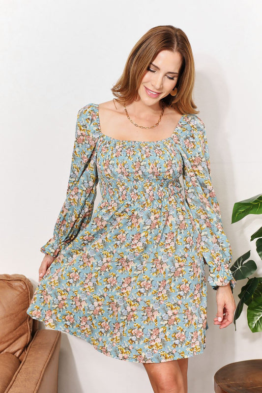 Floral Smocked Flounce Sleeve Square Neck Dress in Floral