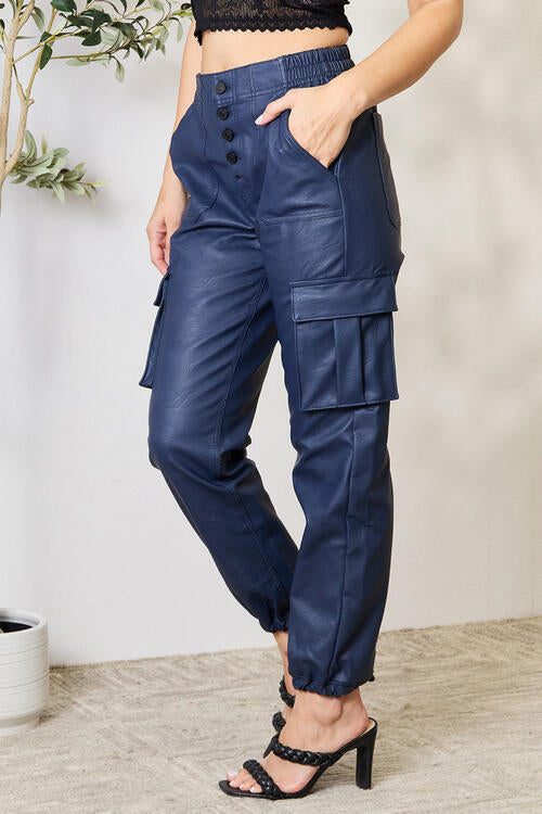 Kancan High Waist Faux Leather Cargo Joggers in Navy