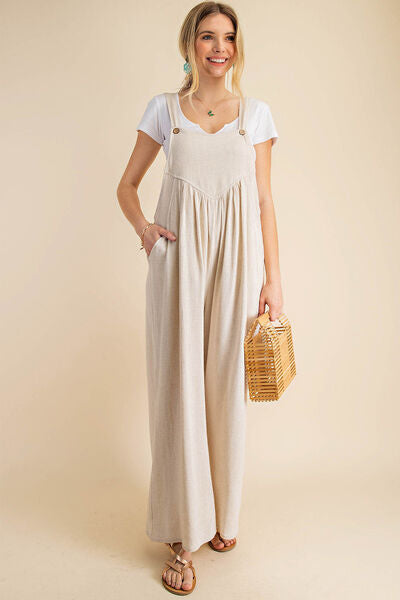 Ruched Wide Leg Overalls in Oatmeal