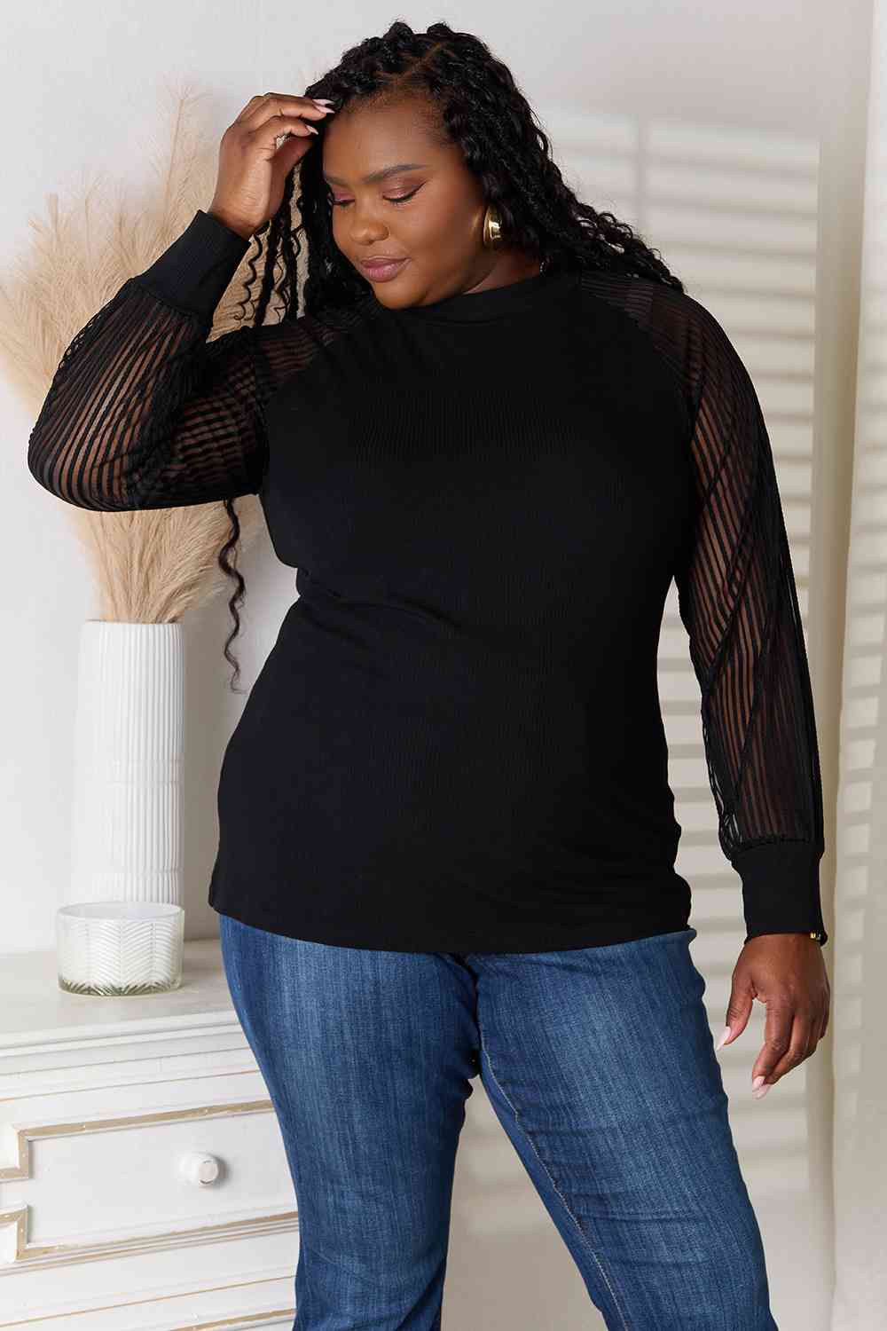 Black Round Neck Raglan Sleeve Blouse