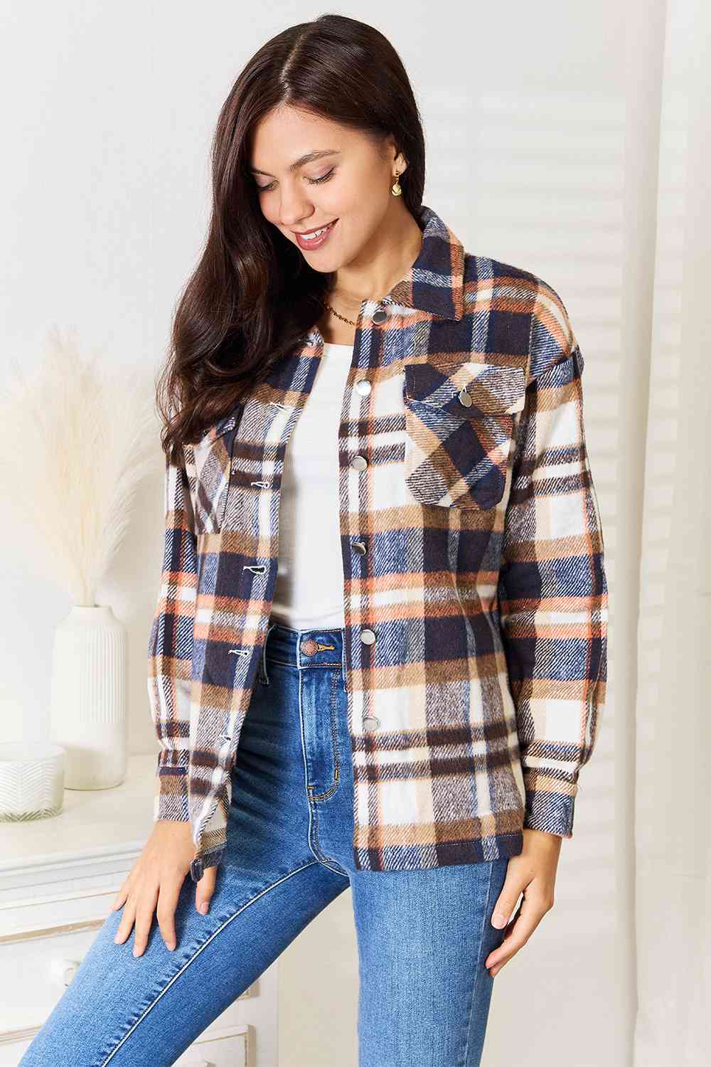 Navy Plaid Button Front Shirt Jacket with Breast Pockets