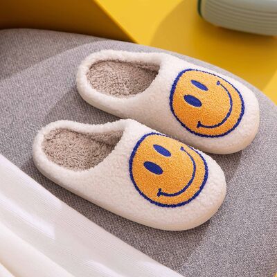 Smiley Face Slippers in White/Yellow/Blue