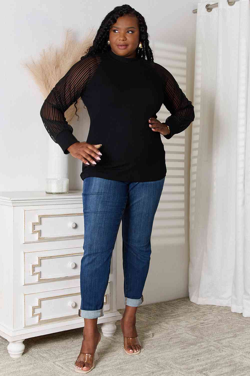 Black Round Neck Raglan Sleeve Blouse