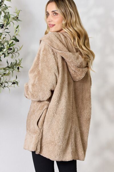 Taupe Faux Fur Open Front Hooded Jacket