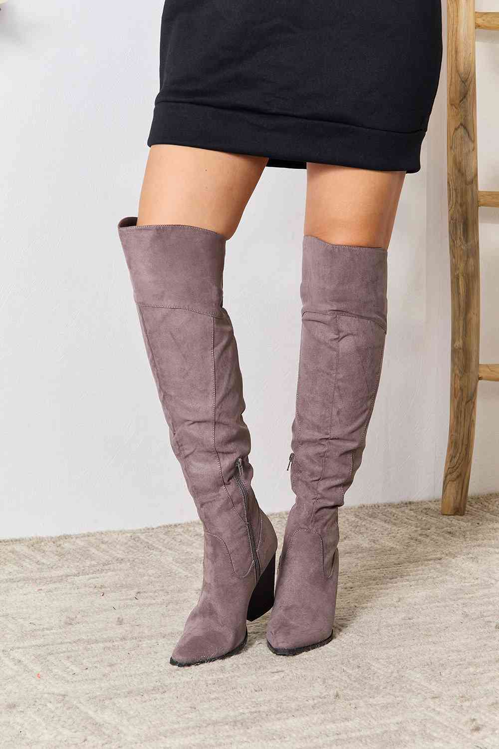 Grey Faux Sued Block Heel Knee High Boots