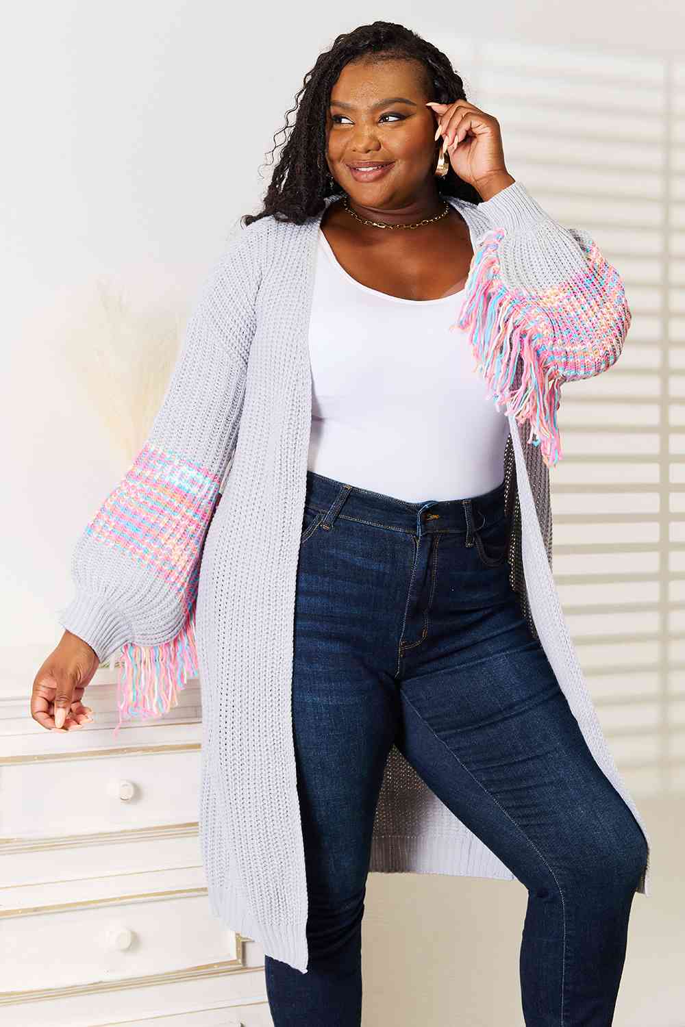 Fringe Sleeve Dropped Shoulder Cardigan in Cloudy Blue