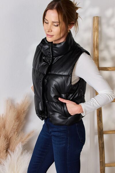 Black Faux Leather Snap and Zip Closure Vest Coat