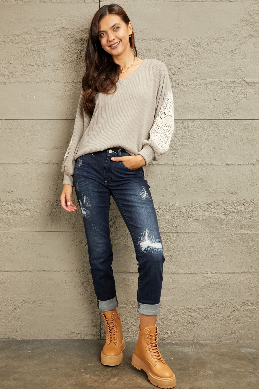 Lace Patch Detail Sweater in Beige