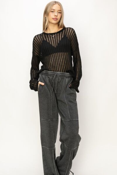 Black Openwork Ribbed Long Sleeve Knit Top