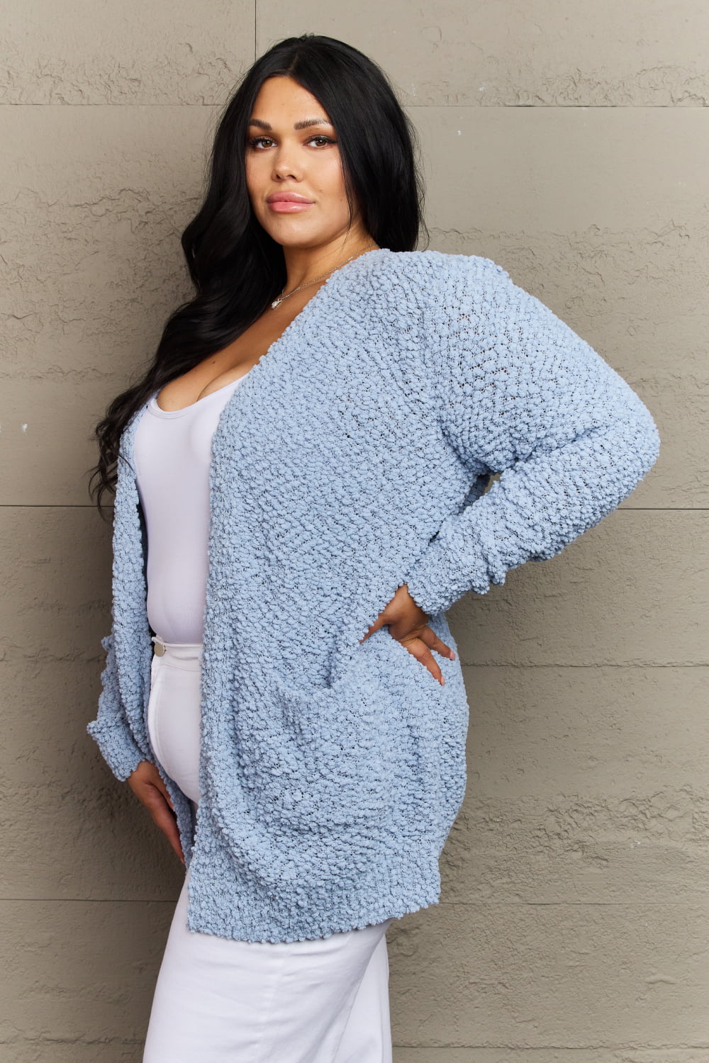 Falling For You Open Front Popcorn Cardigan in Pastel Blue