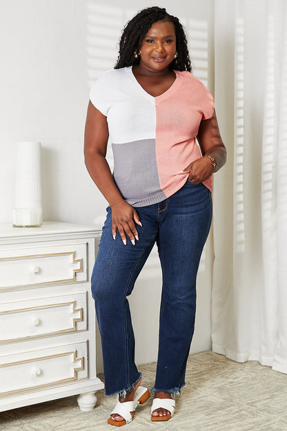 Color Block V-Neck Knit Top in Burnt Coral