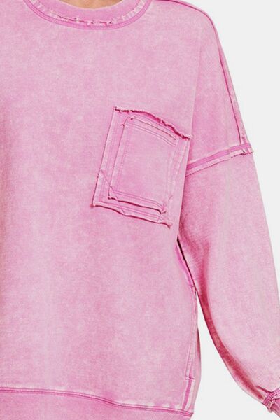 Exposed Seam Round Neck Dropped Shoulder Sweatshirt in Mauve